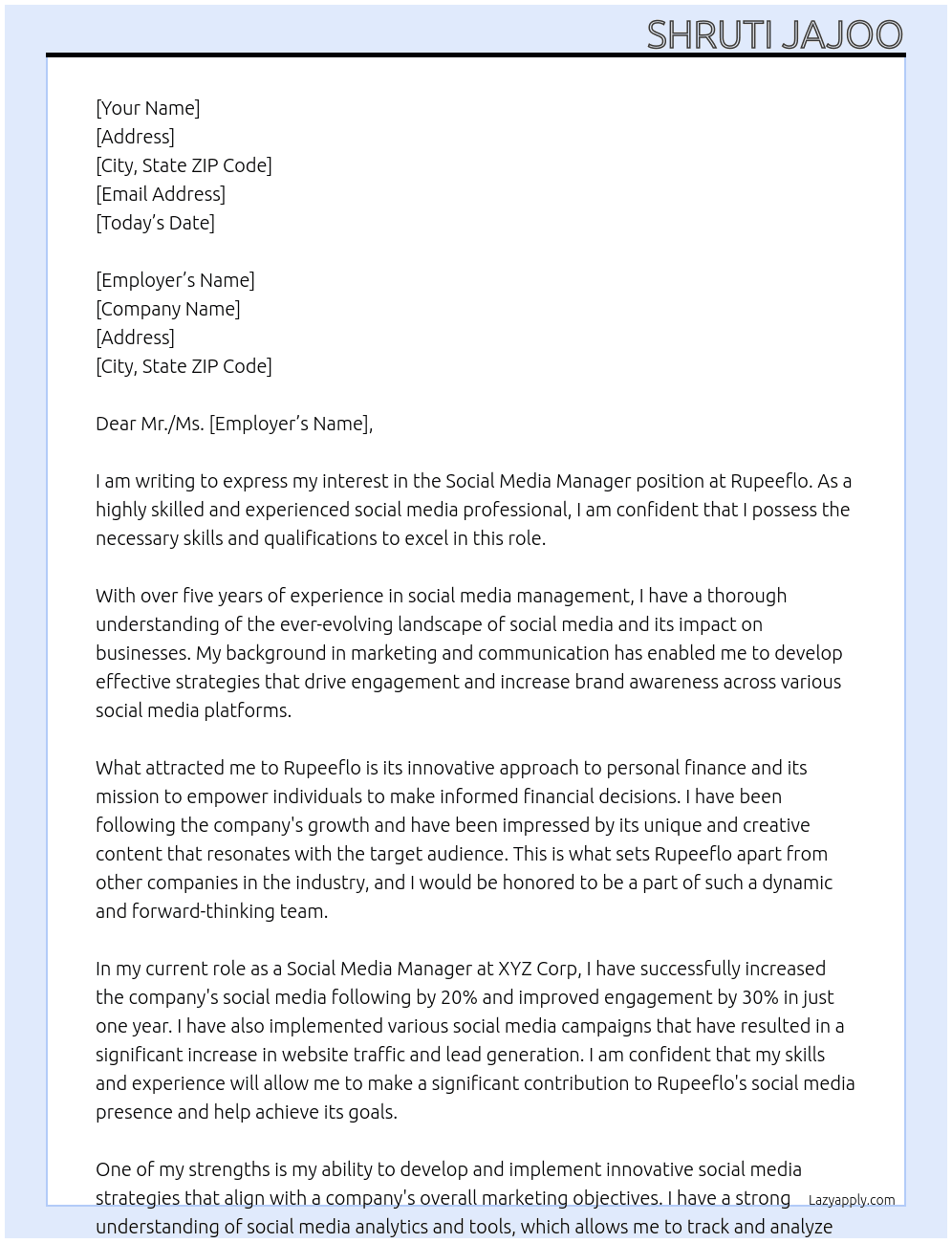 Social Media Manager At Rupeeflo Cover Letter