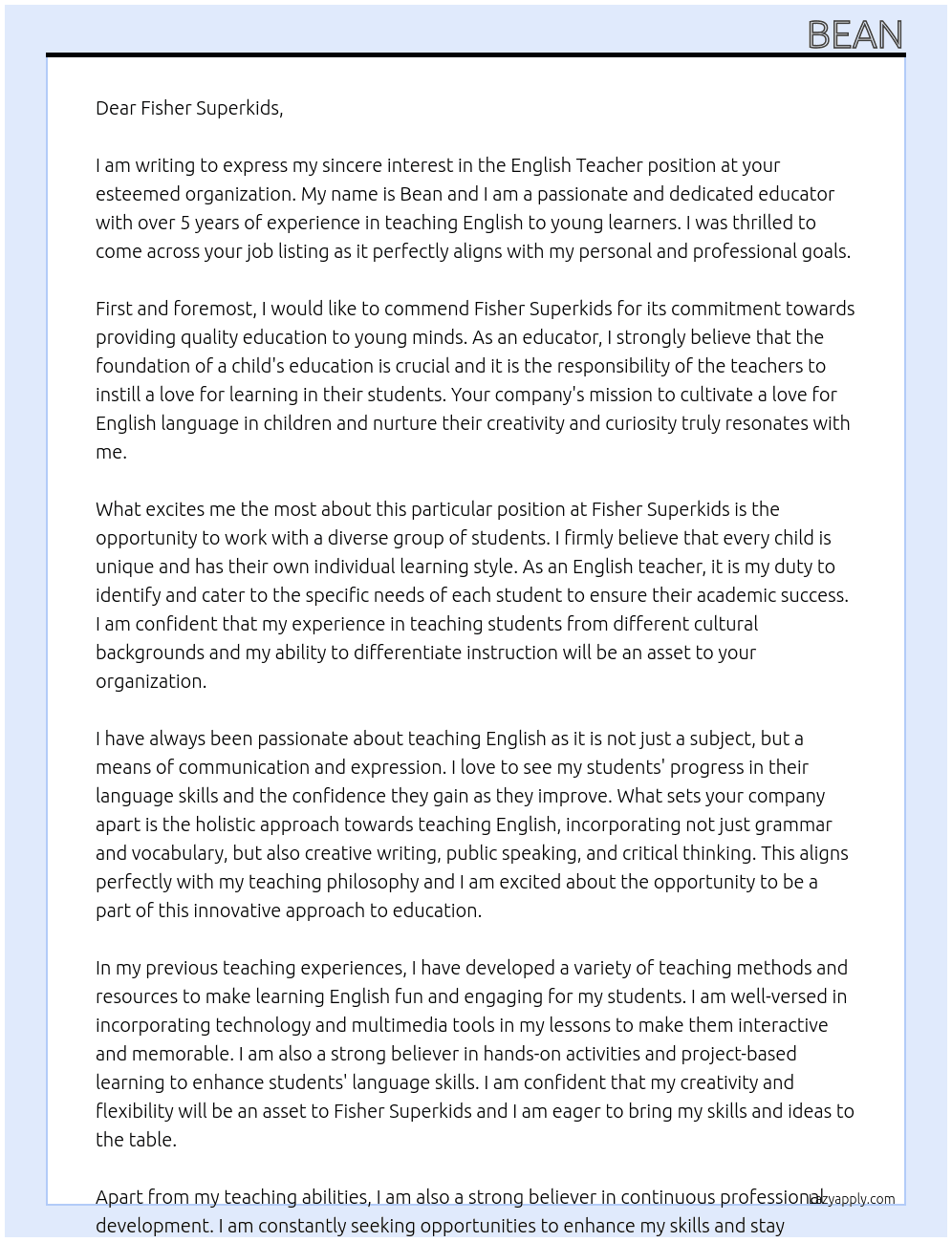 English Teacher At Fisher Superkids Cover Letter