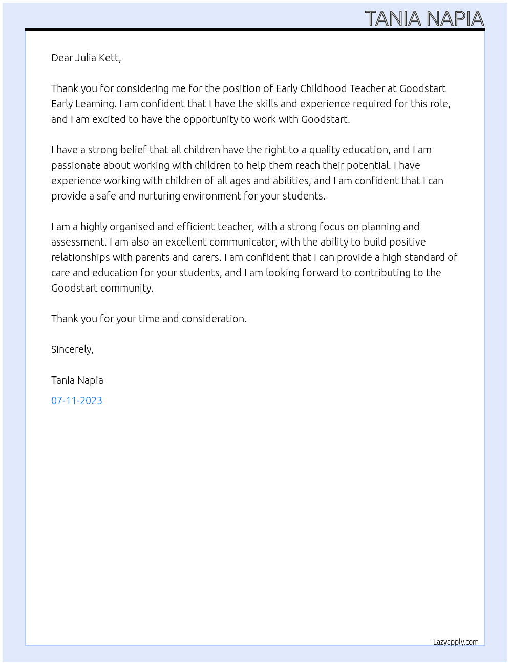 Early Childhood Teacher  At Goodstart Early Learning  Cover Letter