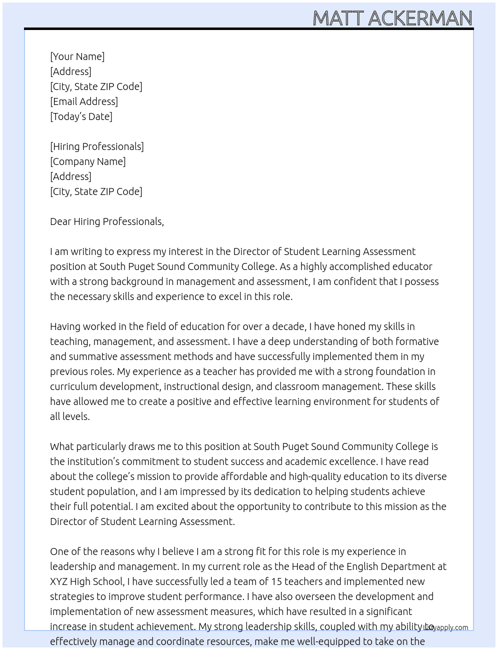 Director of Student Learning Assessment At South Puget Sound Community College Cover Letter