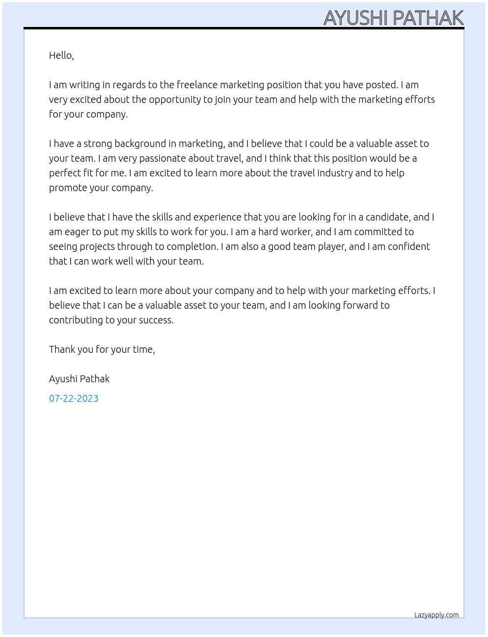 freelance marketing At join my trip Cover Letter