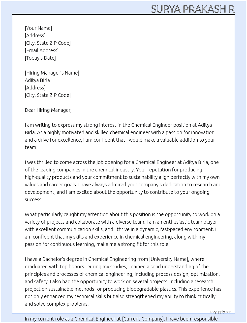 Chemical Engineer  At Aditya Birla  Cover Letter