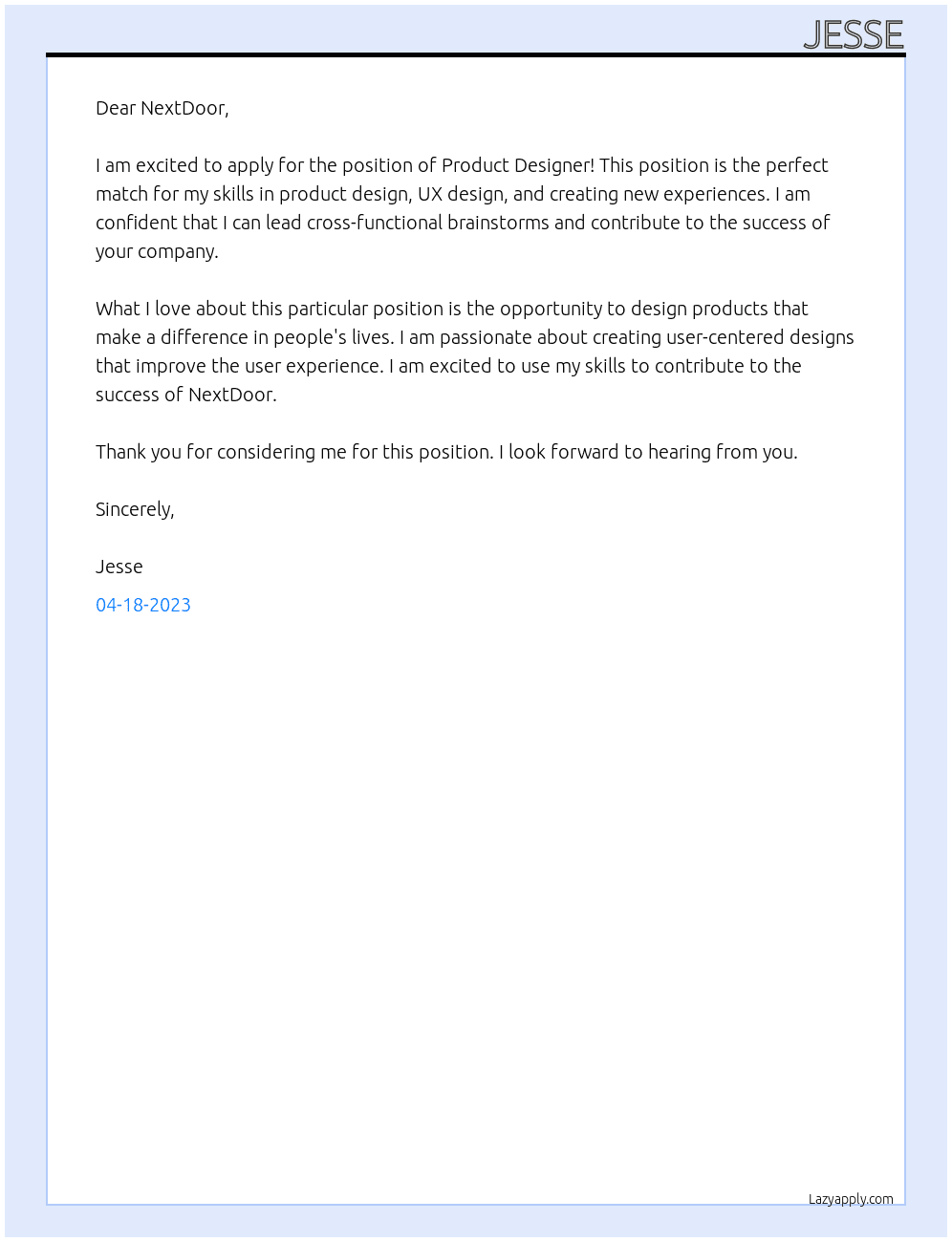 Product Designer At NextDoor Cover Letter