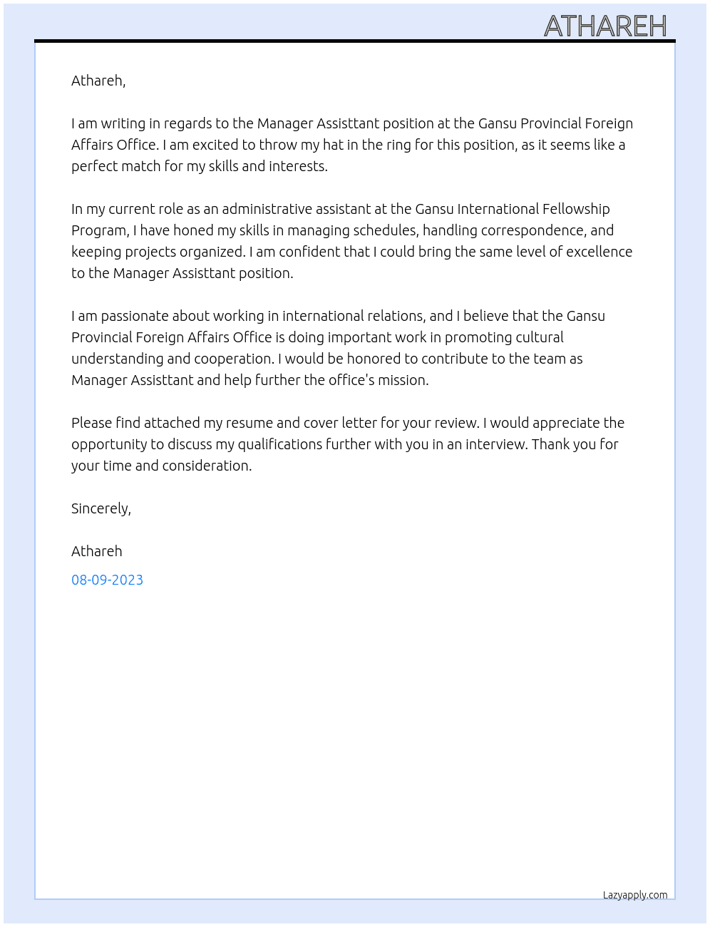 Manager Assisttant At Gansu International Fellowship Program Cover Letter