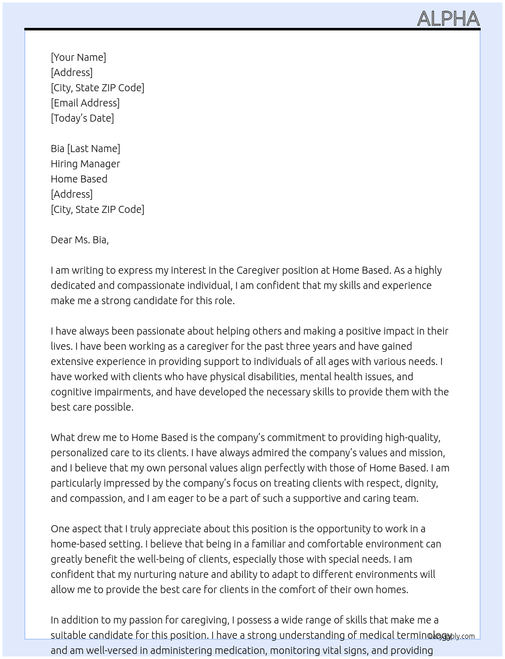 Caregiver At Home based Cover Letter