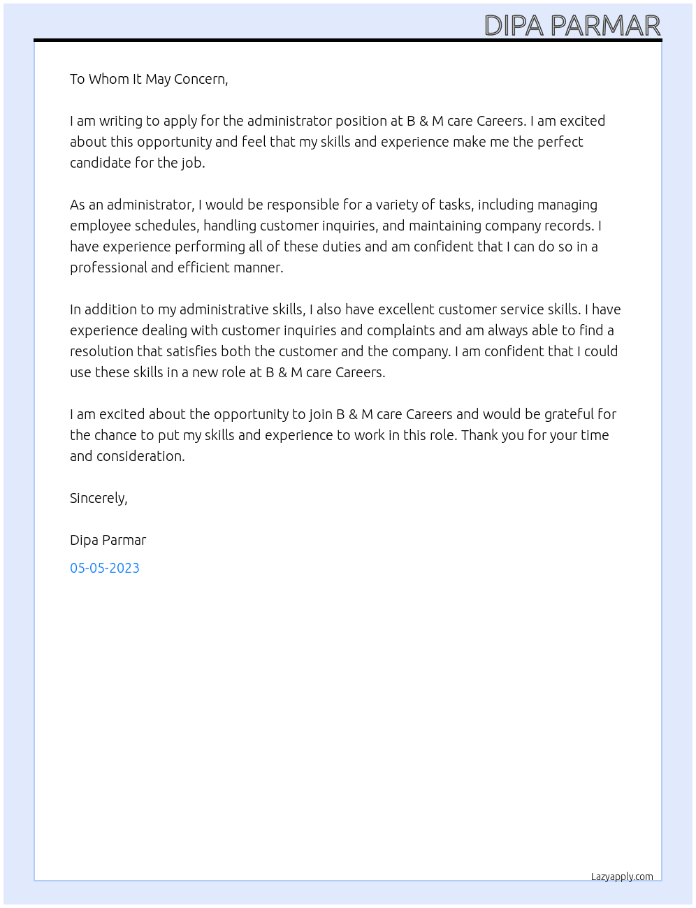 administrator At B & M care Careers Cover Letter