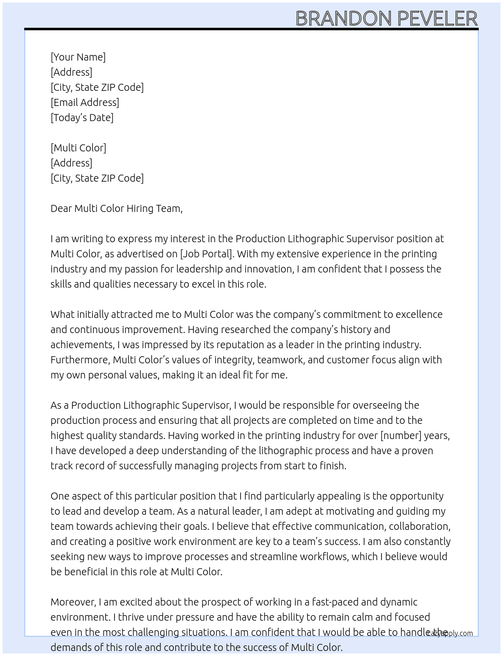 Production lithographic supervisor At Multi Color Cover Letter