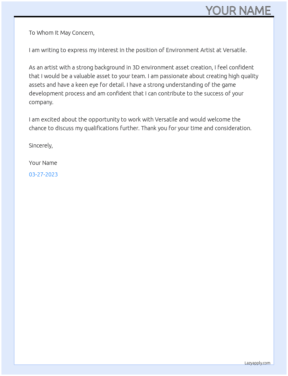 Environment Artist At Versatile Cover Letter