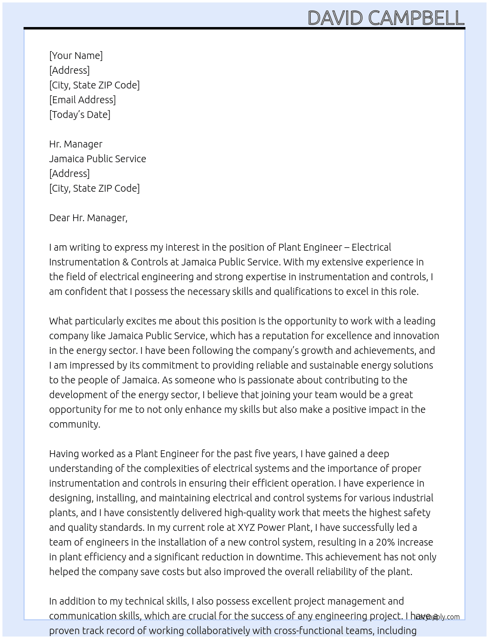 Plant Engineer – Electrical Instrumentation & Controls At Jamaica Public Service Cover Letter