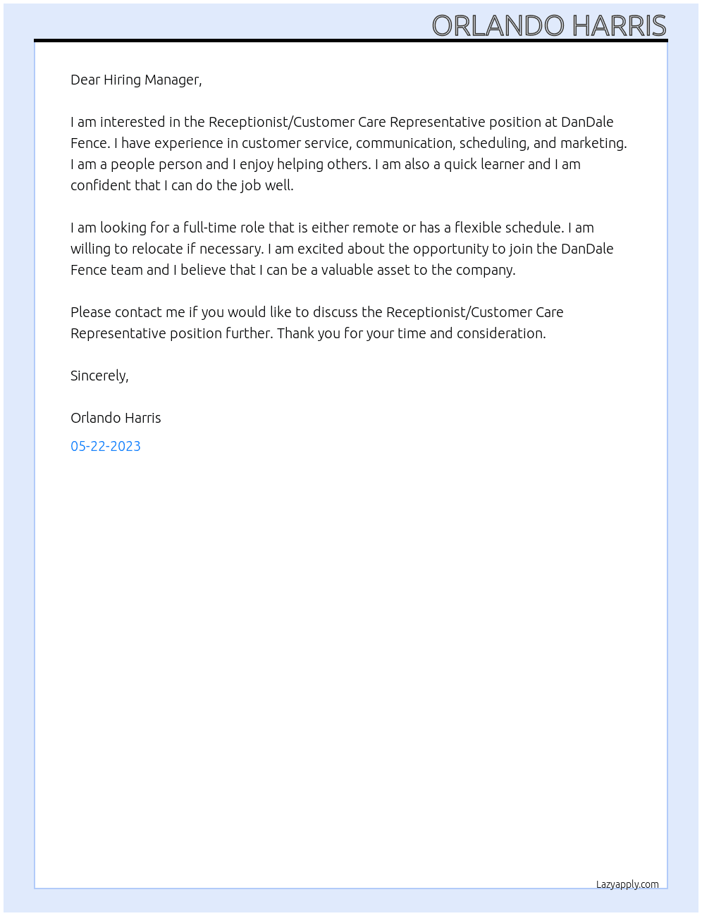 Receptionist/ Customer Care Representative At DanDale Fence Cover Letter