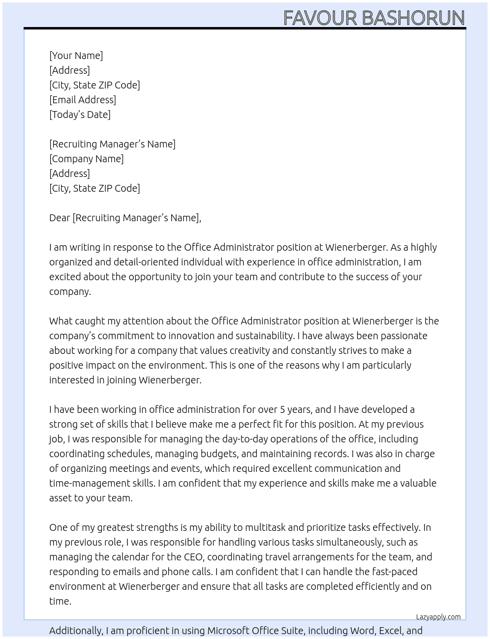 Office Administrator At wienerberger Cover Letter