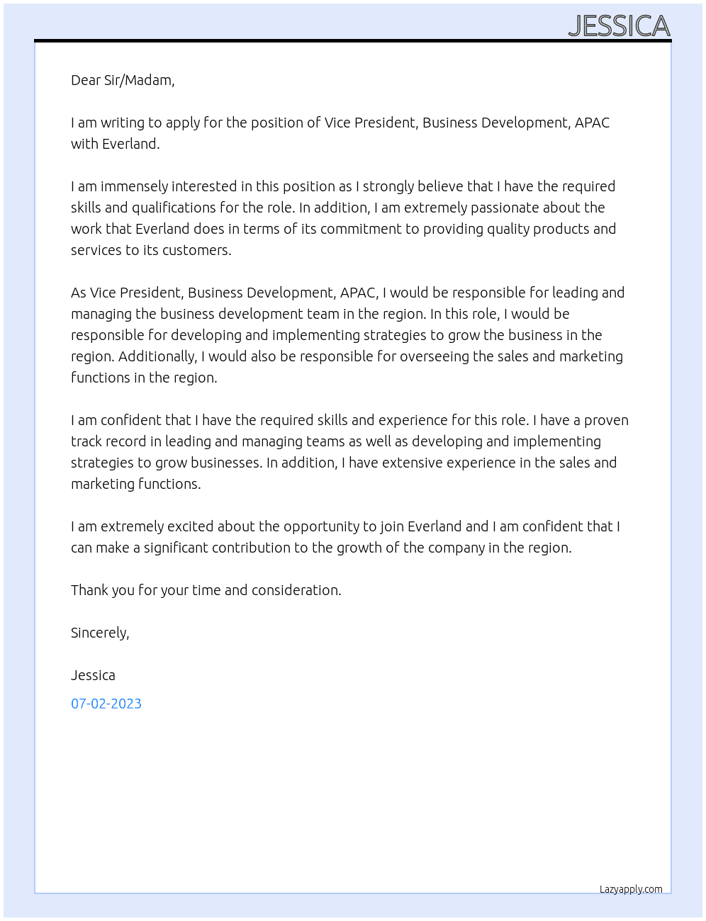 Vice President, Business Development, APAC At Everland Cover Letter