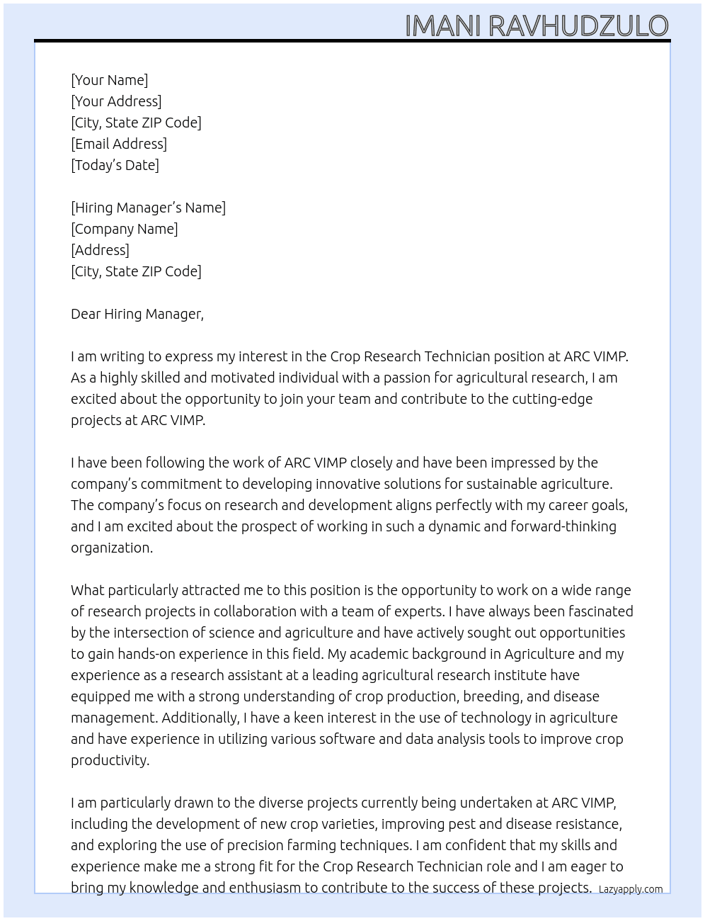 Crop Research technician At ARC VIMP Cover Letter