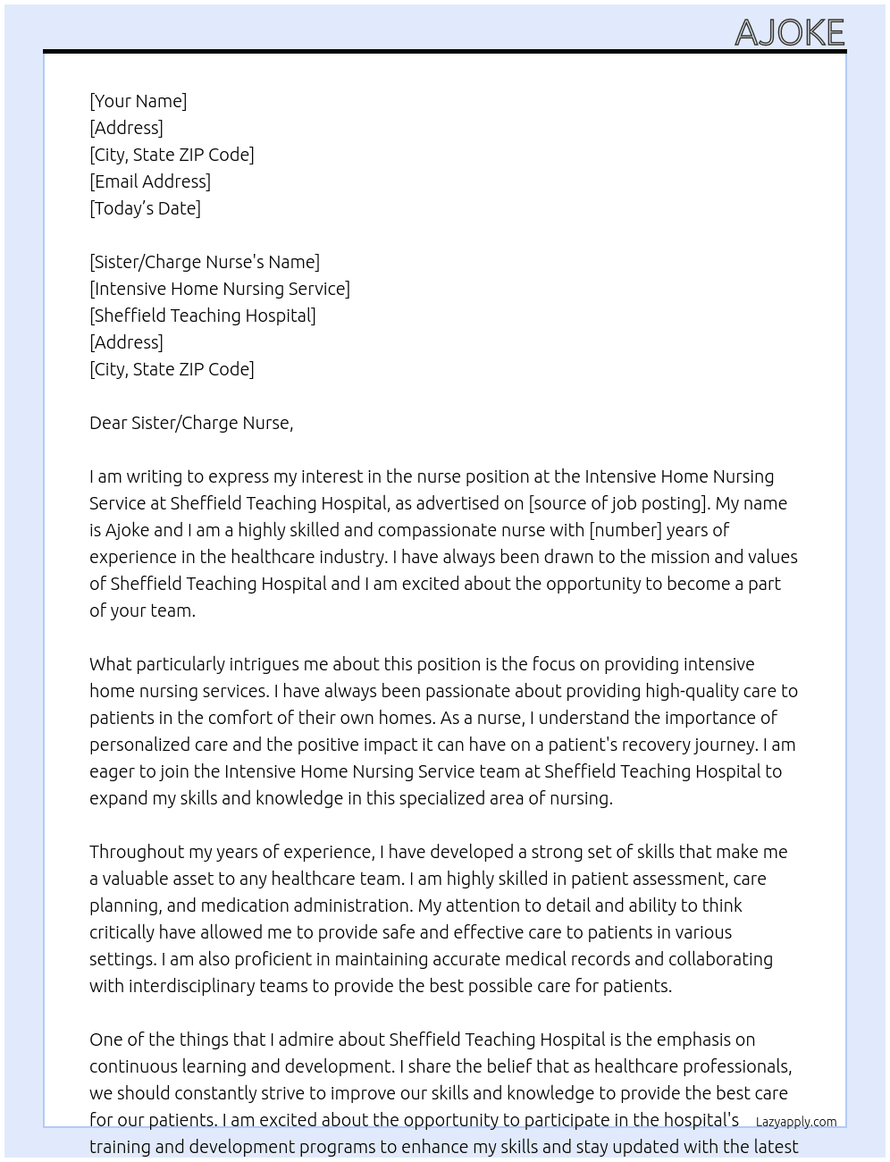 nurse At Sheffield Teaching Hospital Cover Letter