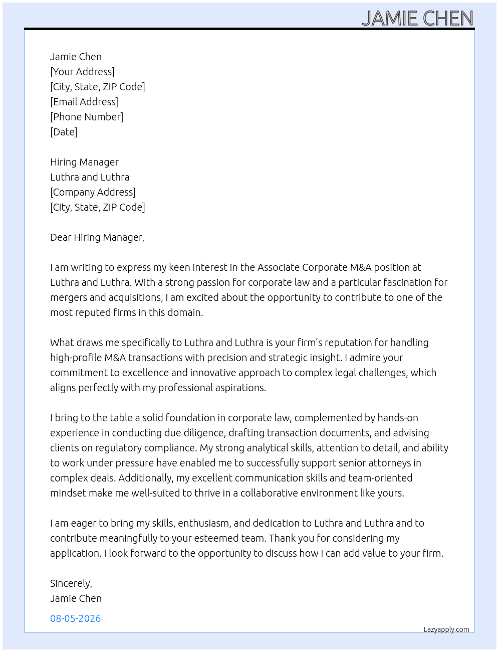 Cover letter for associate corporate m&a - LazyApply