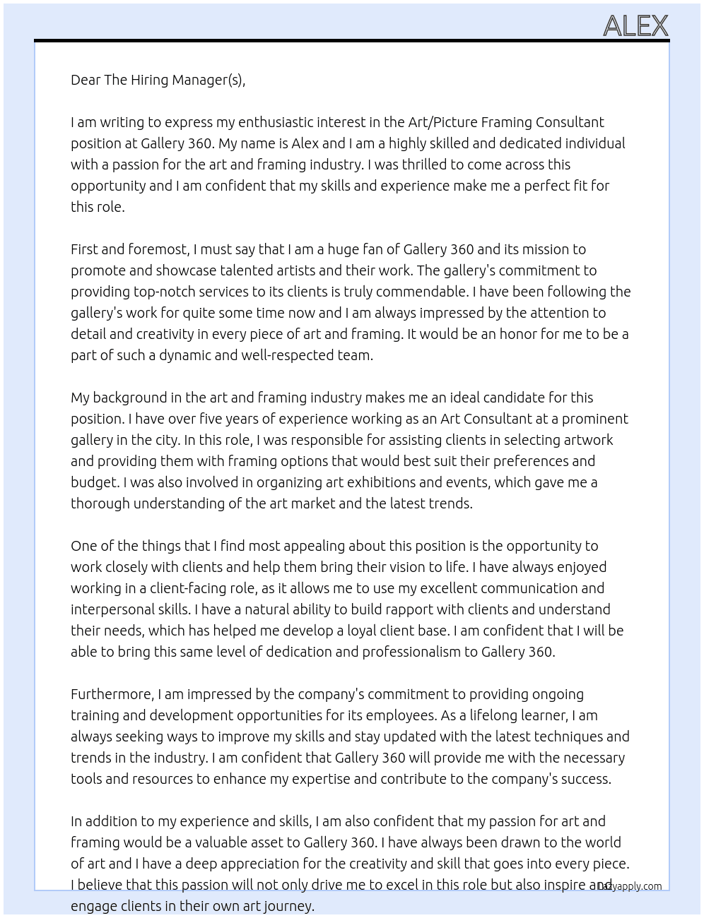 Art/Picture Framing Consultant At Gallery 360 Cover Letter