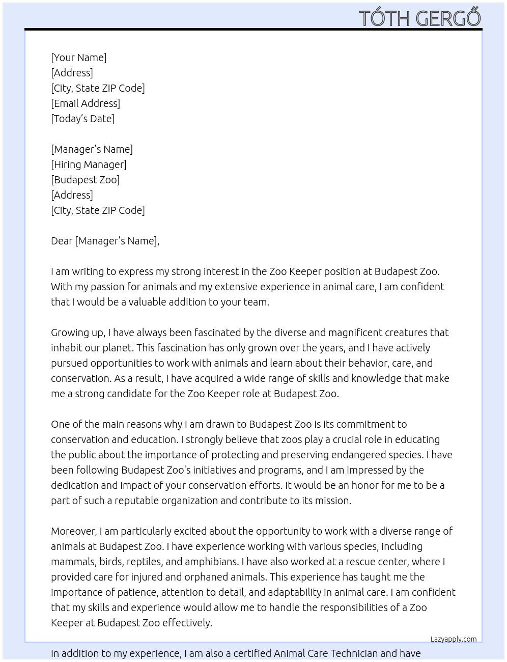 Zoo Keeper At Budapest Zoo Cover Letter