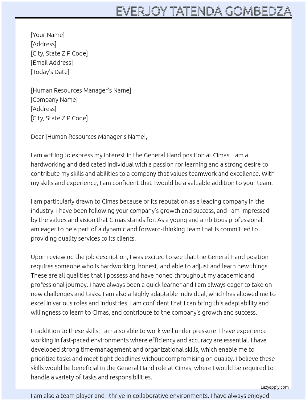 General Hand At Cimas Cover Letter