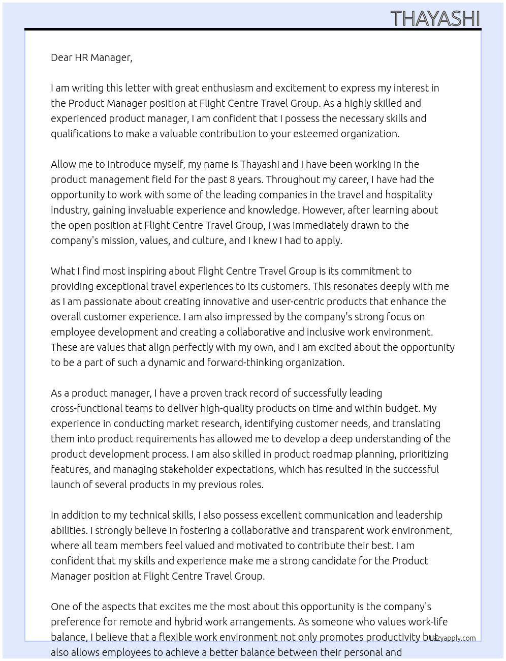 Product Manager At Flight Centre travel group Cover Letter