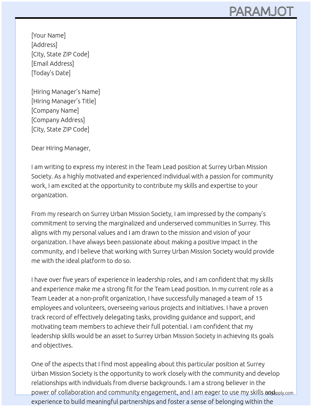 Team Lead At Surrey Urban Mission Society Cover Letter
