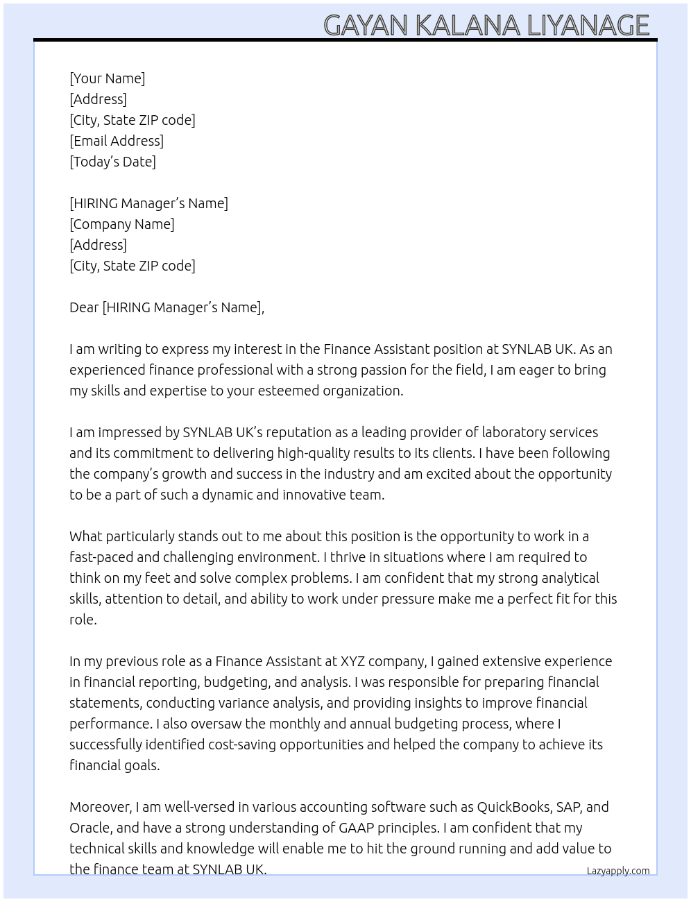 Finance Assistant  At SYNLAB UK Cover Letter