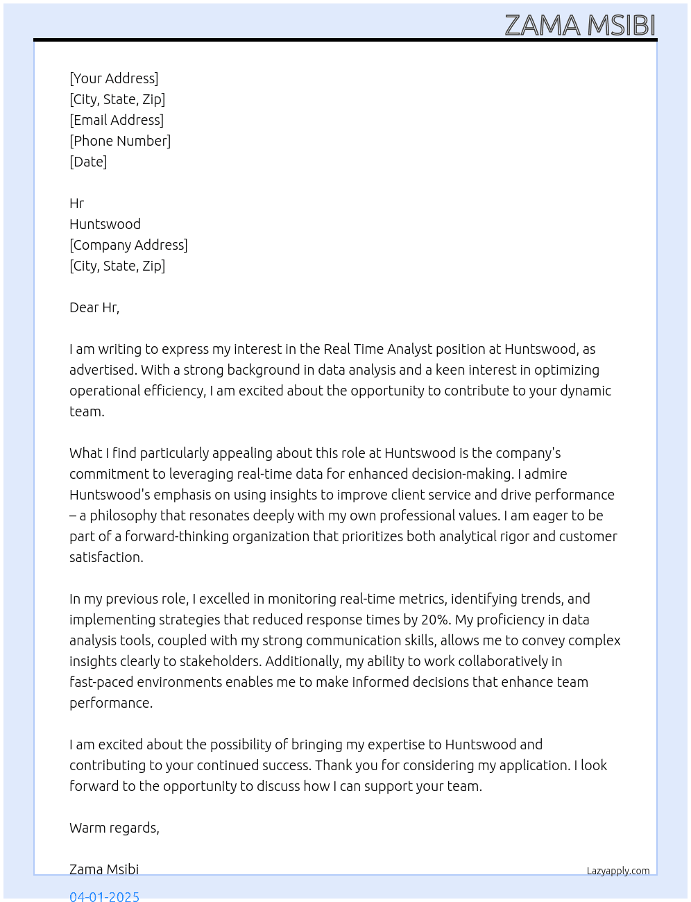 Real Time Analyst At huntswood Cover Letter