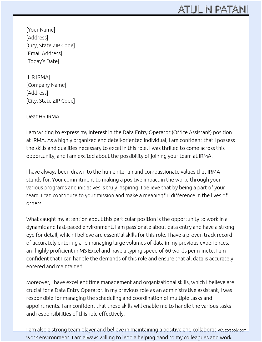 DATA ENTRY OPERATOR (OFFICE ASSISTANT) At IRMA Cover Letter