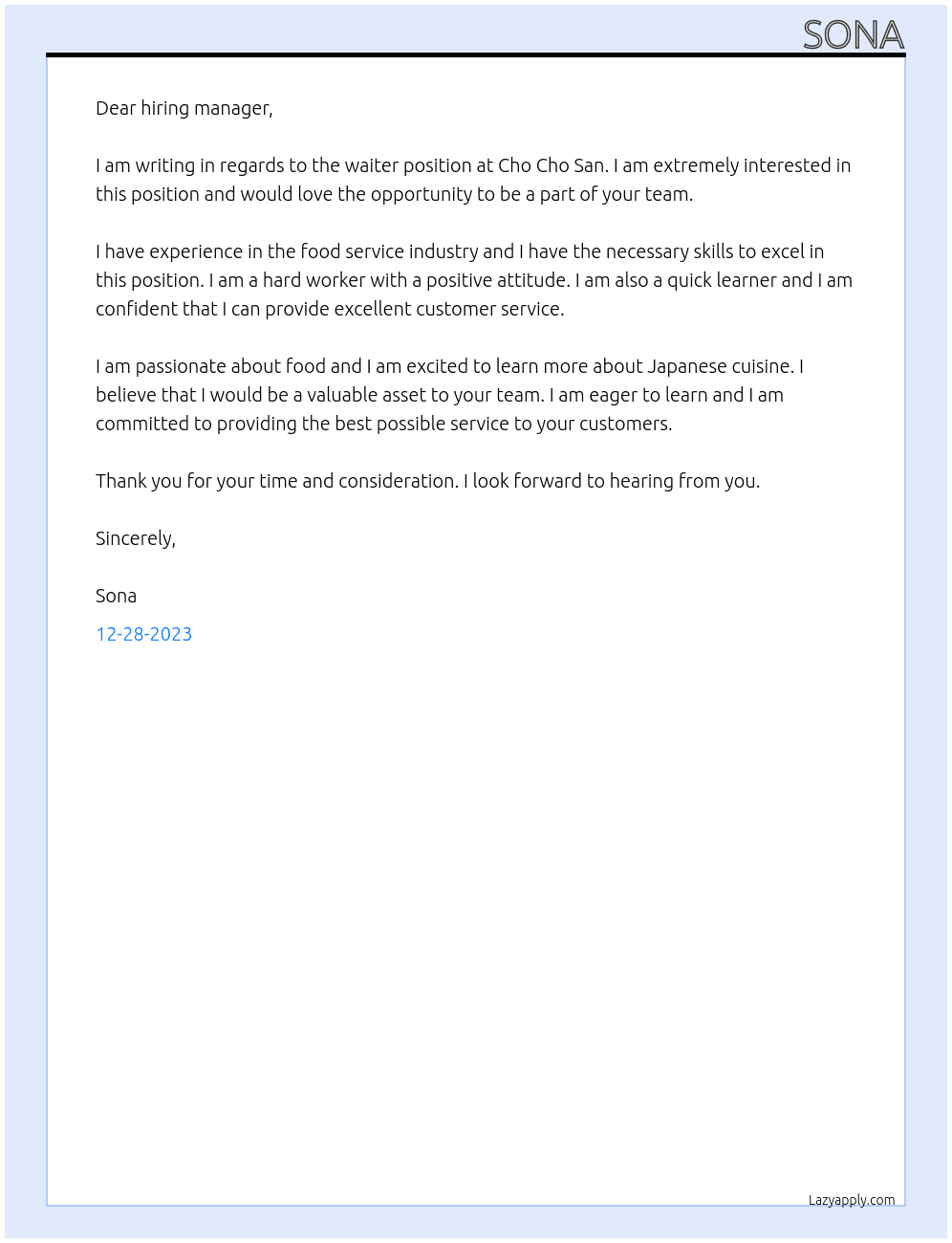 Waiter At Cho cho san Cover Letter
