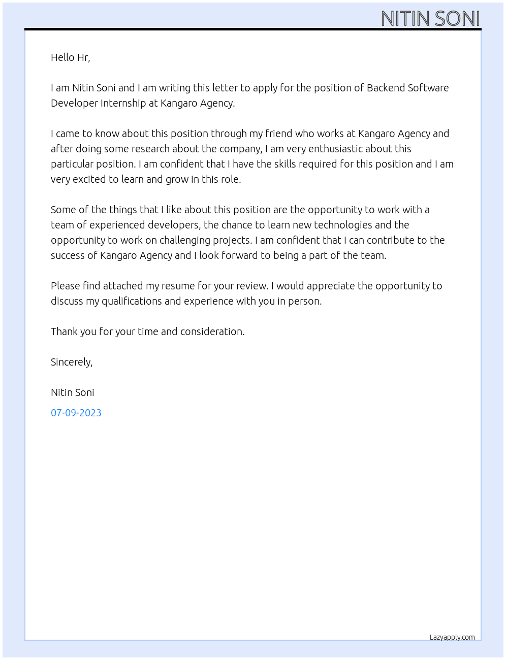 Backend Software Developer Internship At Kangaro Agency Cover Letter