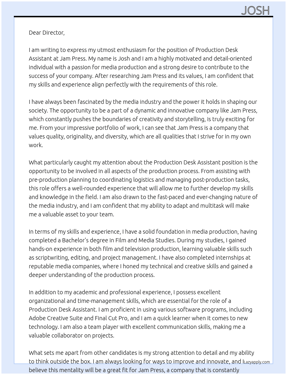 Production Desk Assistant At Jam Press Cover Letter
