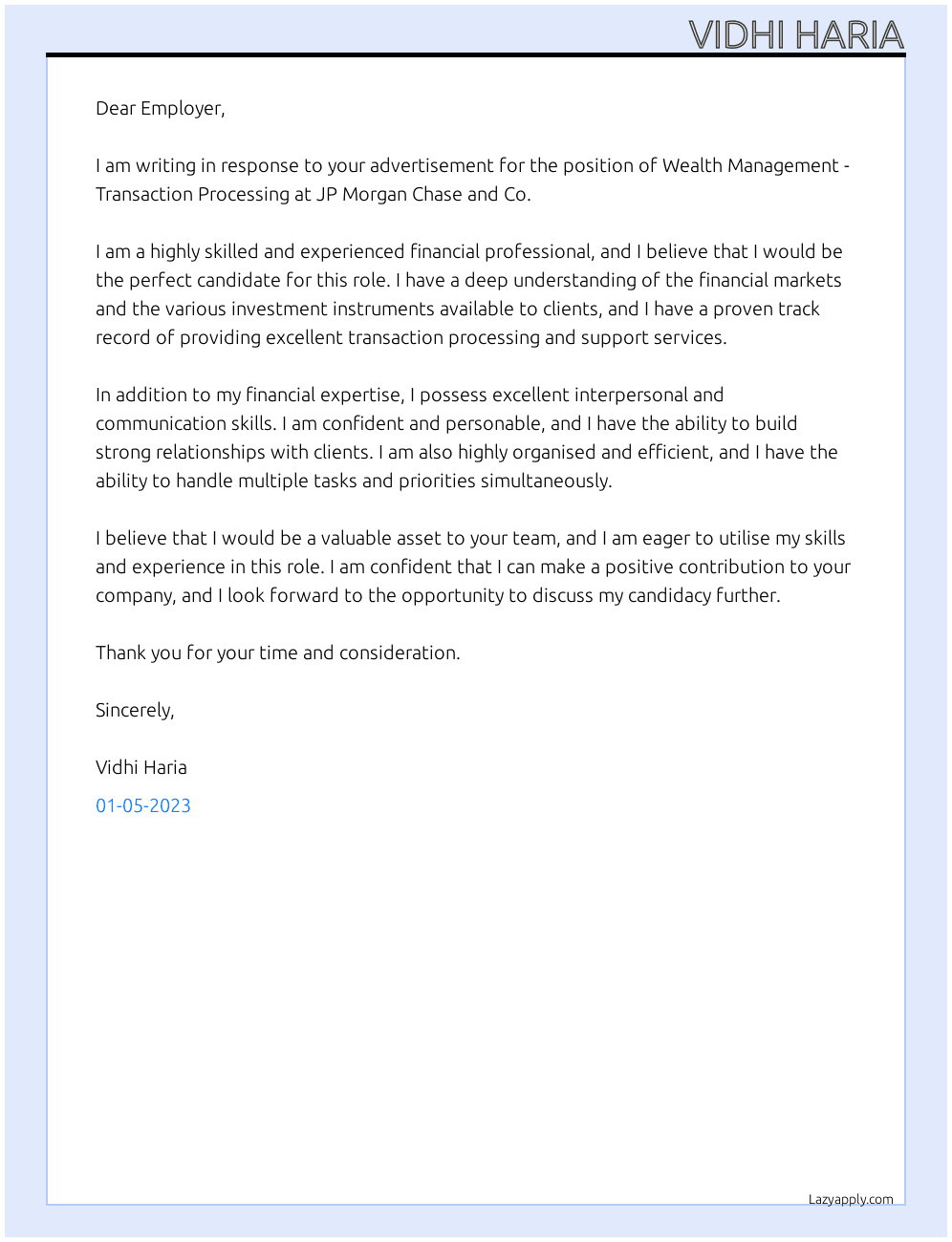 Cover letter for wealth management - transaction processing - LazyApply