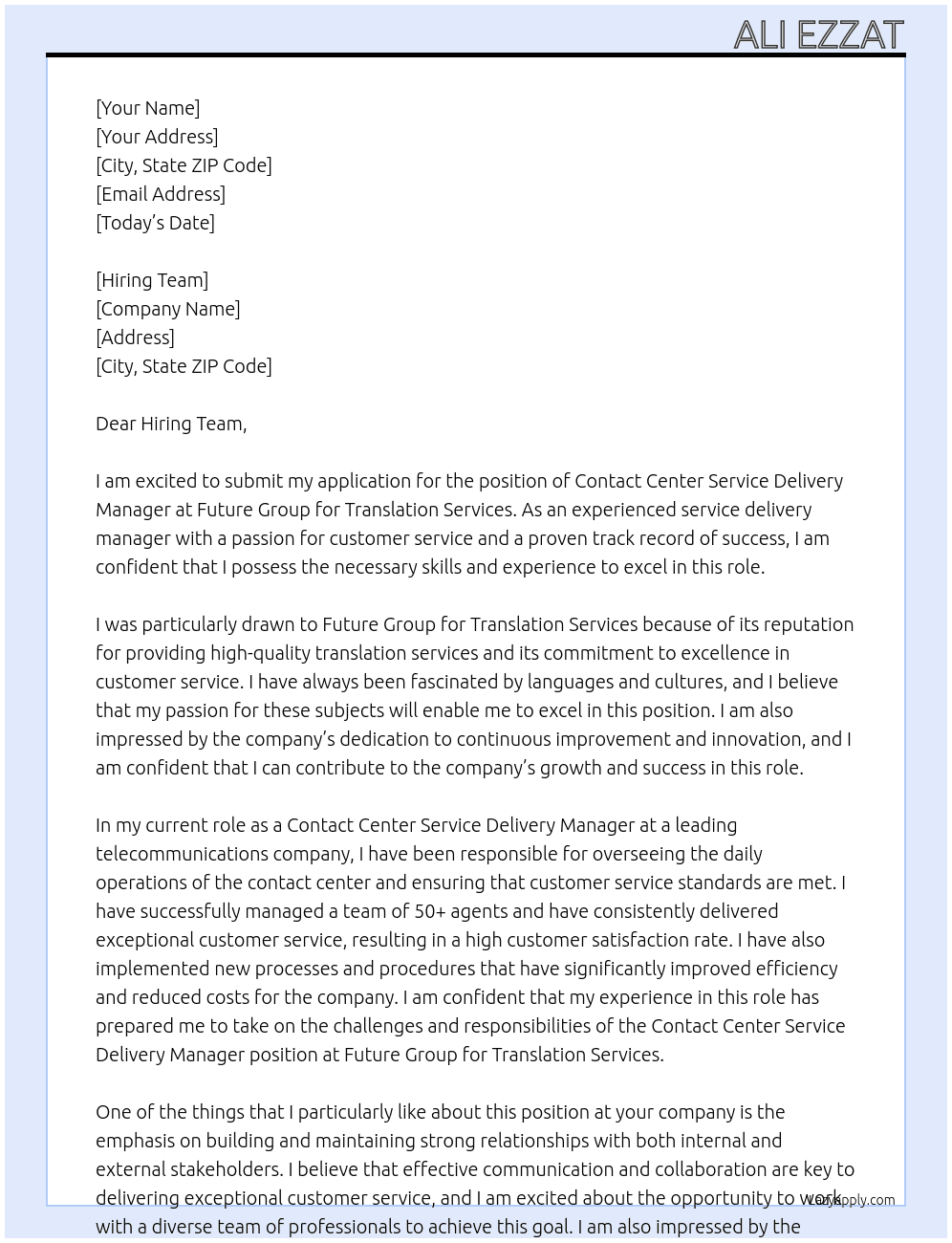 Contac Center Service Delivery Manager At Future Group for Translation Services Cover Letter
