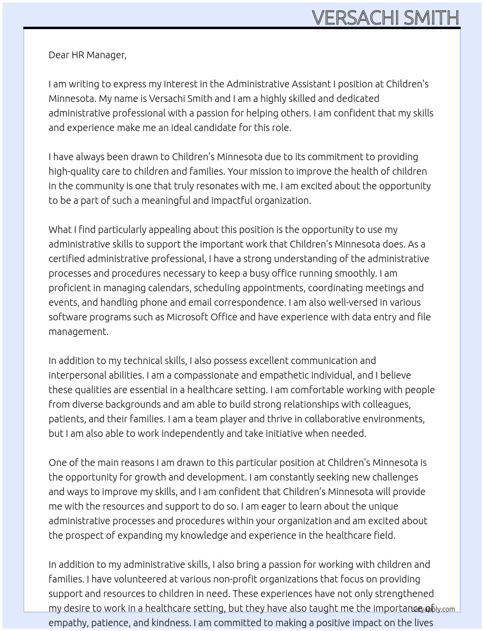 Administrative Assistant I At Children's Minnesota Cover Letter