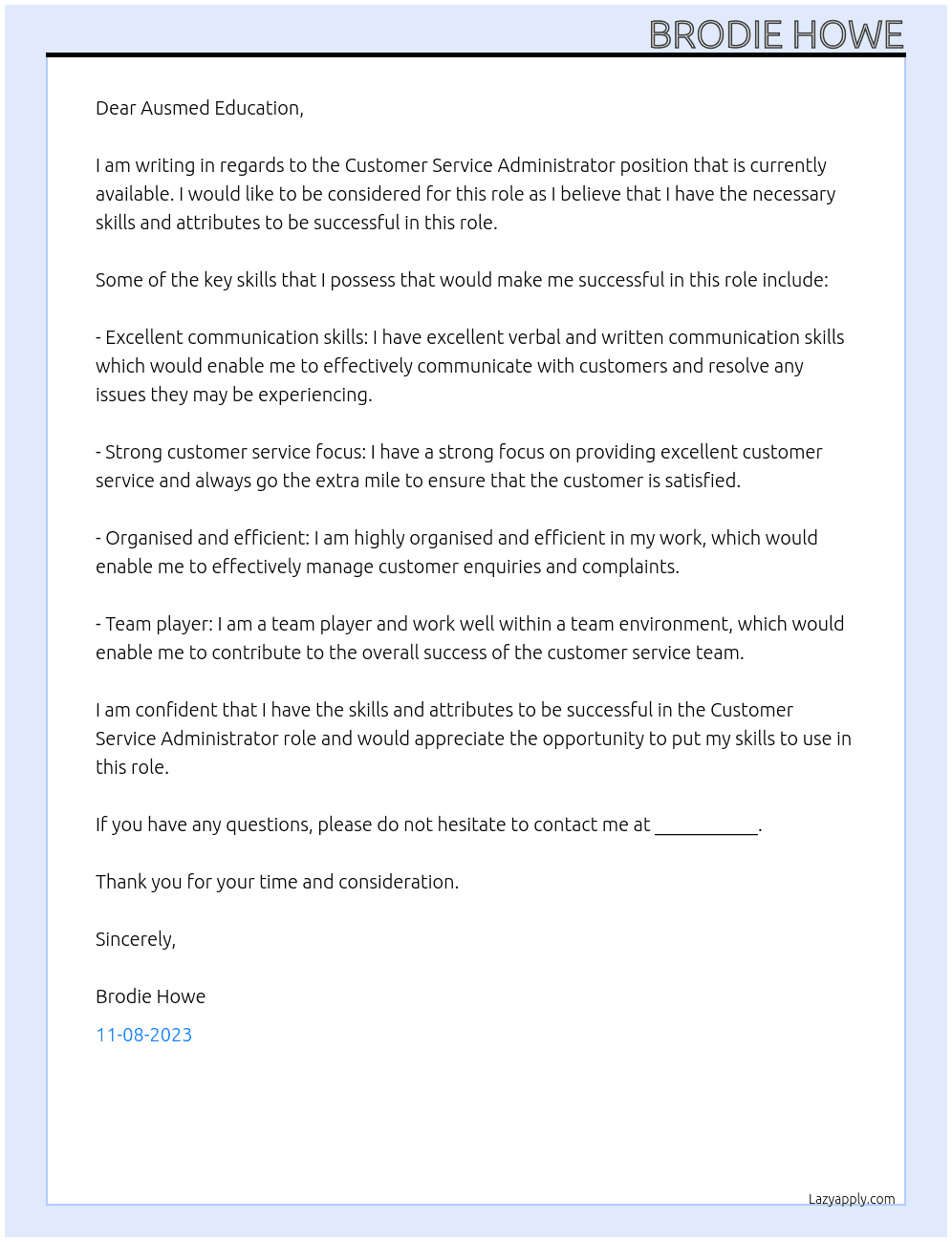 Customer Service Administrator At Ausmed Education Cover Letter