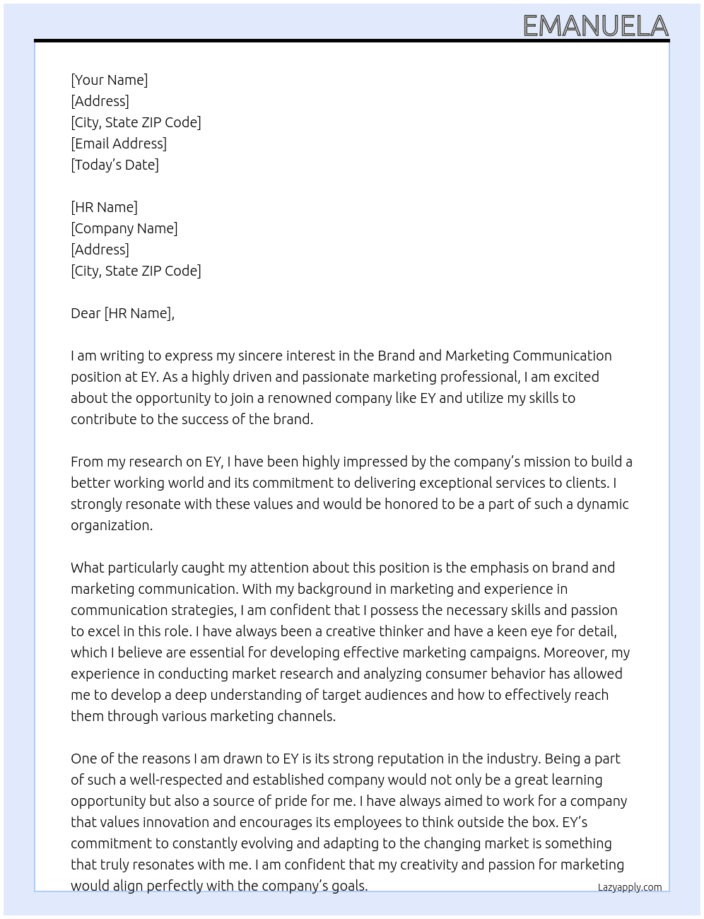Cover letter for brand and marketing communication - LazyApply