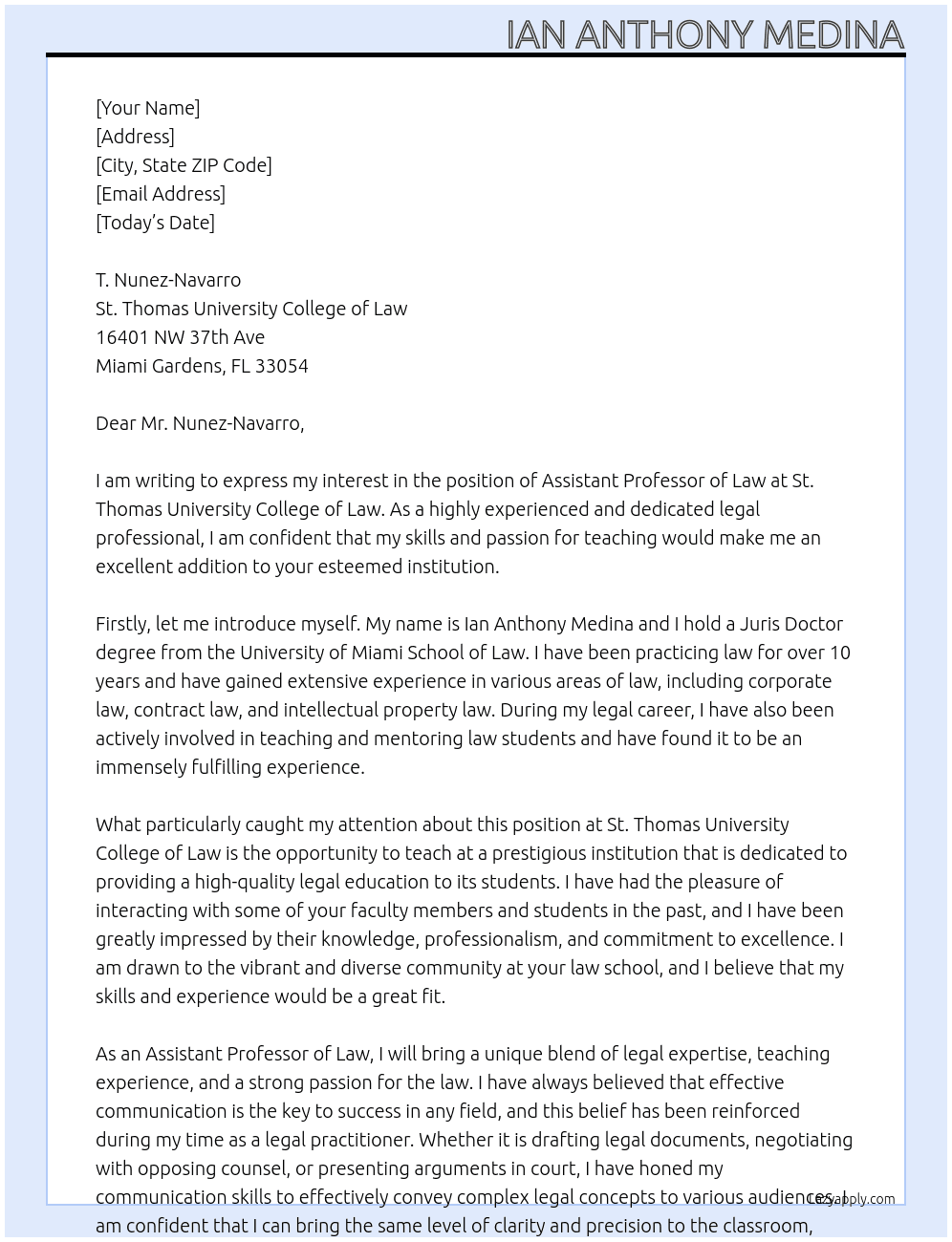 Assistant Professor of Law At St. Thomas University College of Law Cover Letter