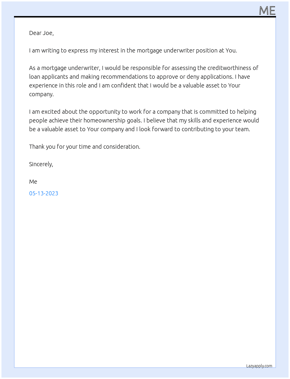 Mortgage Underwriter At You Cover Letter