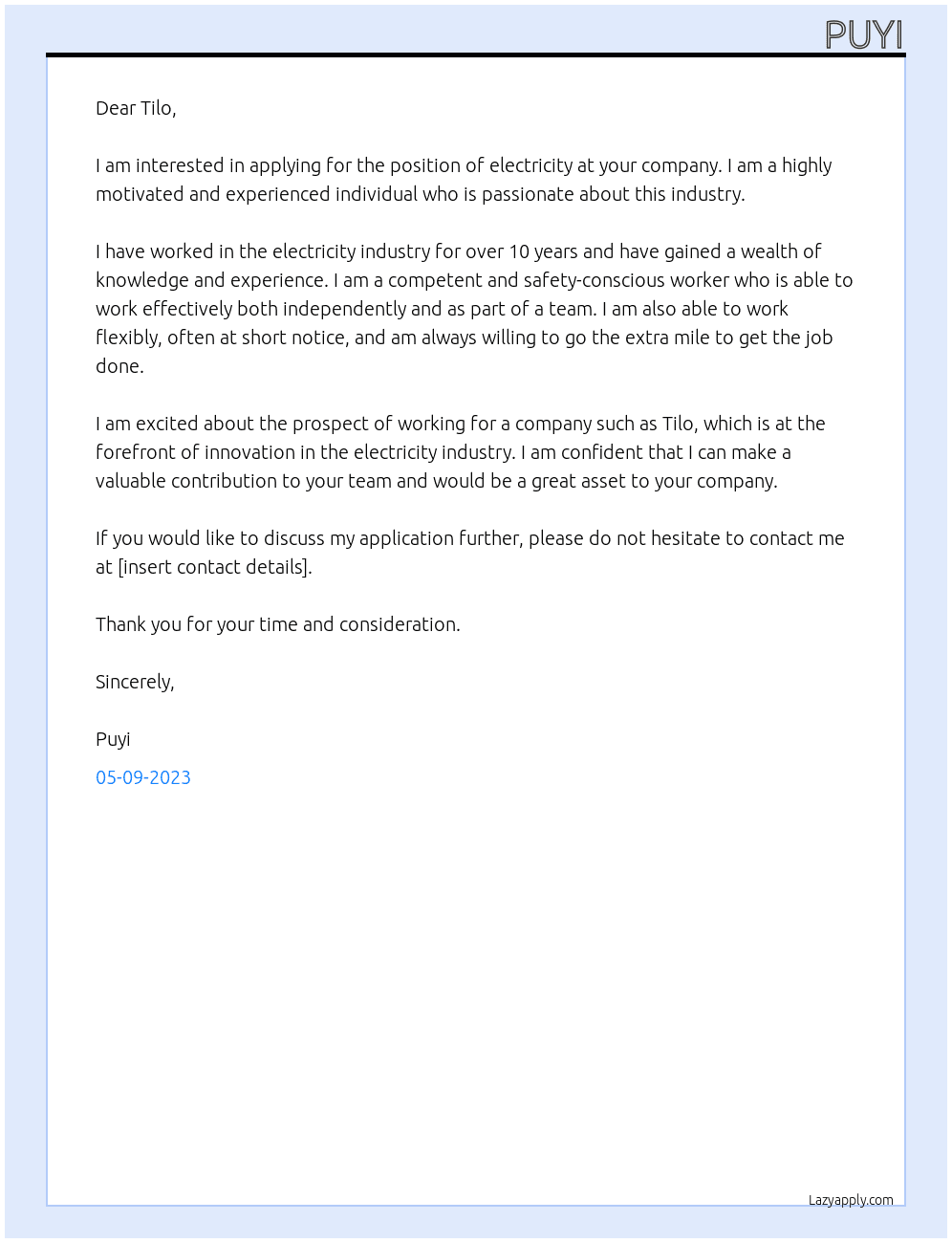 electricity At tilo Cover Letter