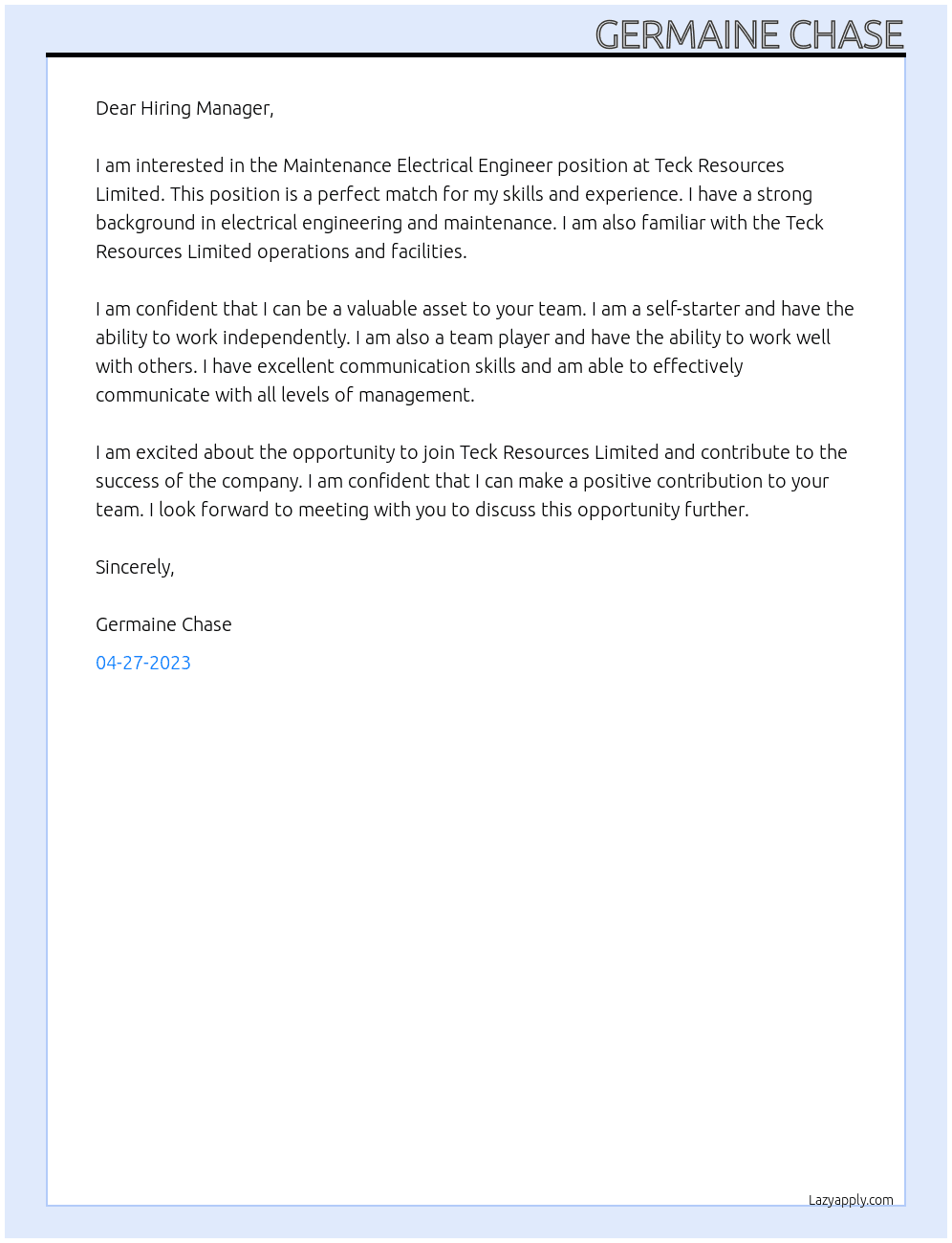 Maintenance Electrical Engineer At Teck Resources Limited Cover Letter