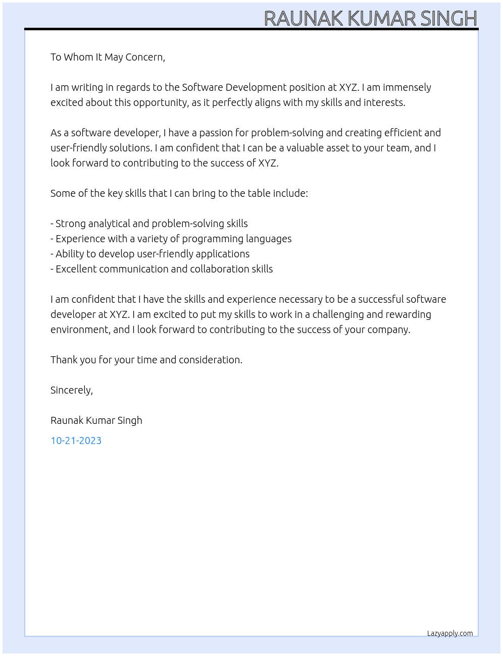 Software Development At xyz Cover Letter