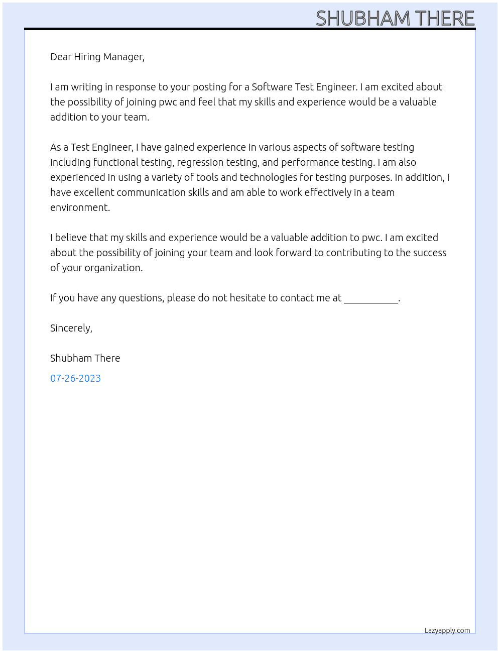 Software Test Engineer At pwc Cover Letter