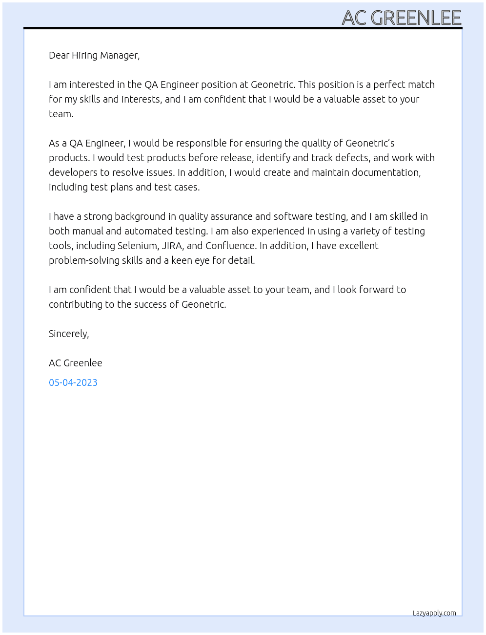 QA Engineer At Geonetric  Cover Letter