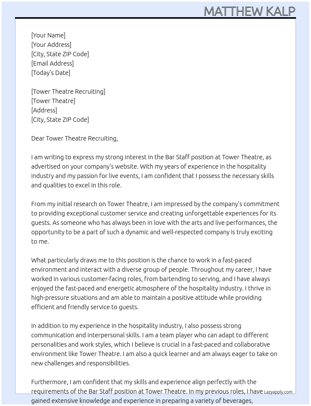 Bar Staff At Tower Theatre Cover Letter