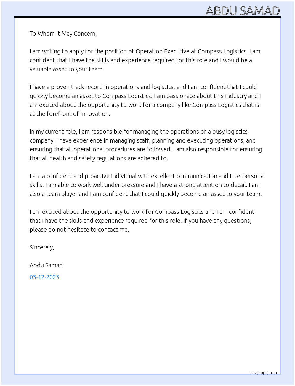Operation Executive At Compass Logistics  Cover Letter