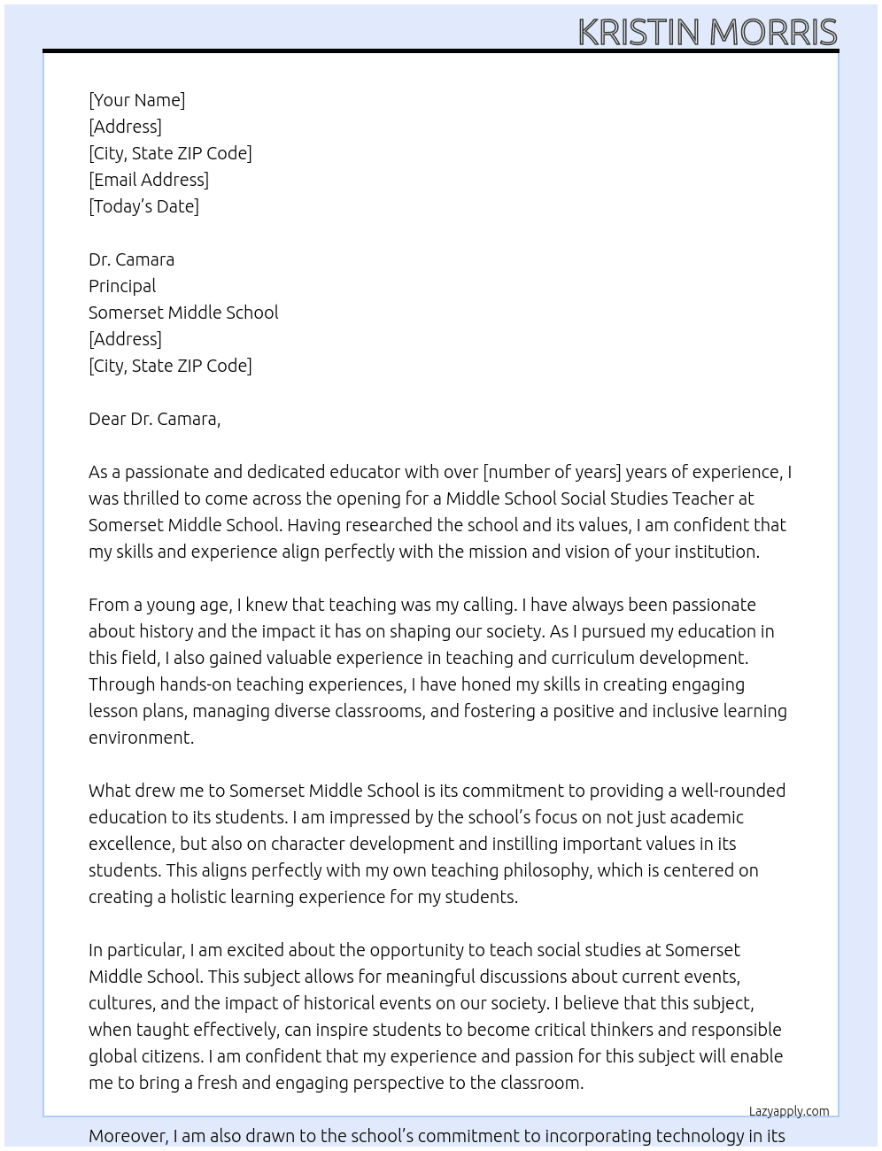 Middle school social studies teacher At Somerset Middle School Cover Letter