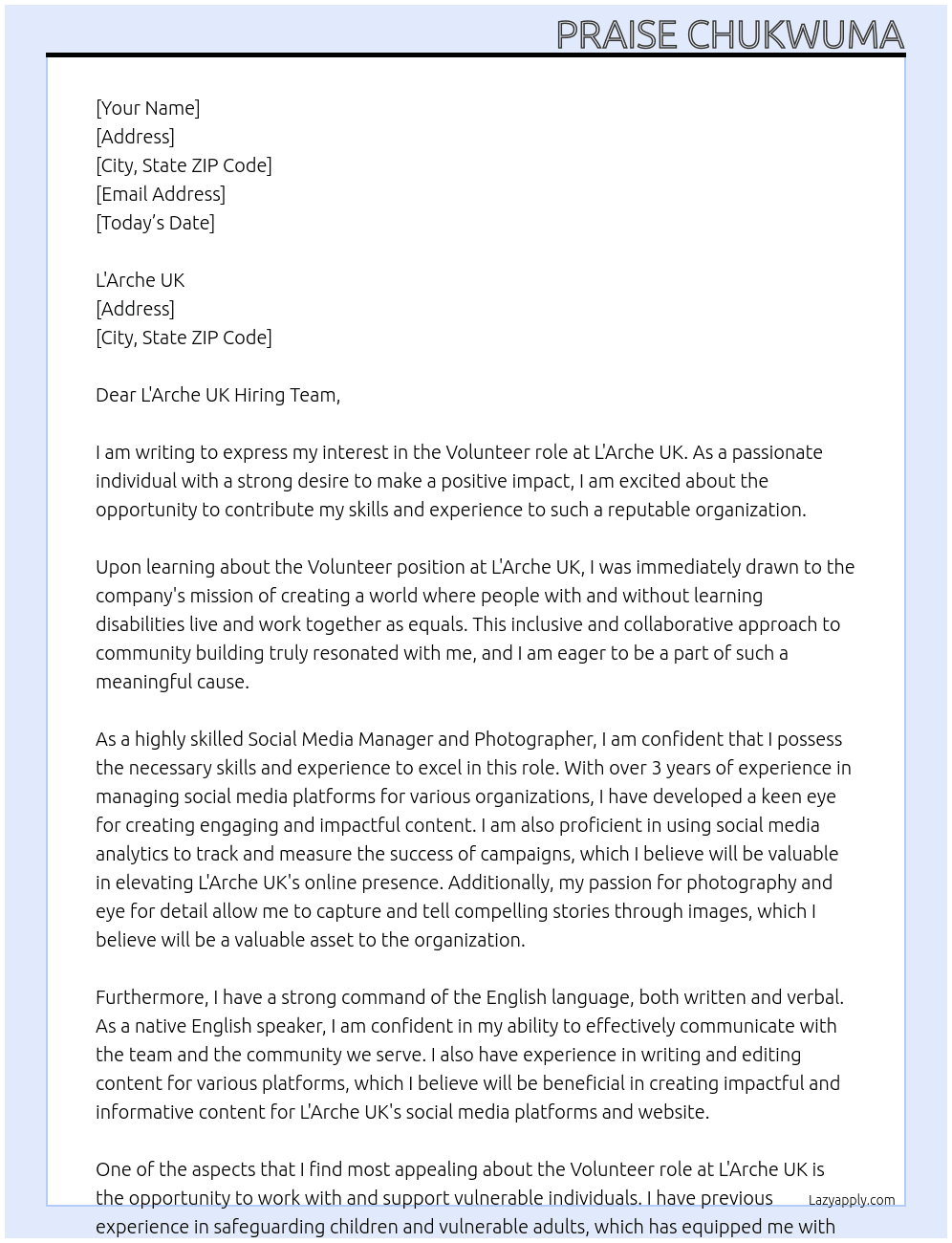 Volunteer  At L'arche  Cover Letter
