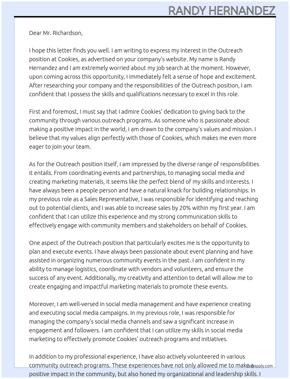 outreach At cookies Cover Letter