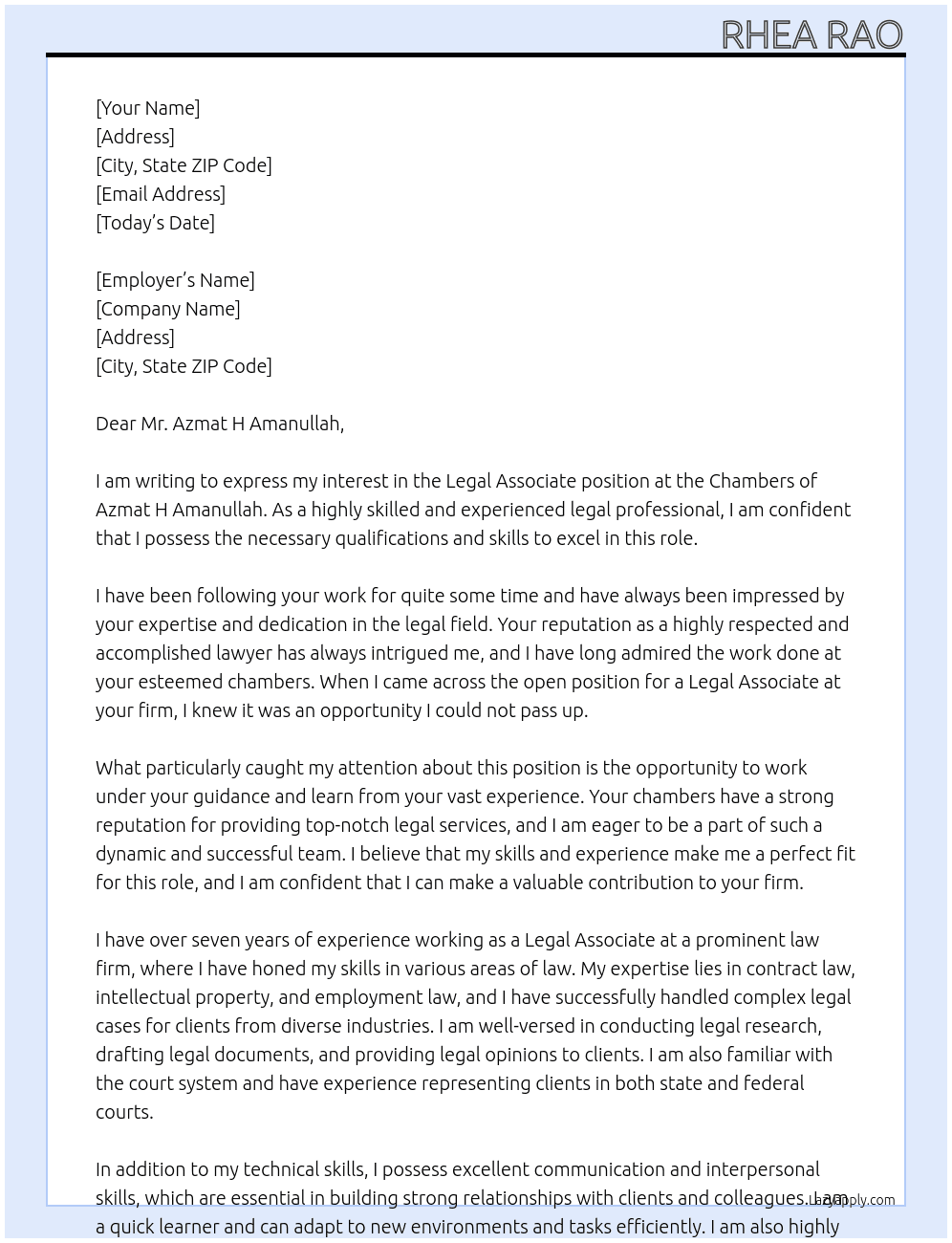 Legal associative  At chambers of Azmat H Amanullah  Cover Letter