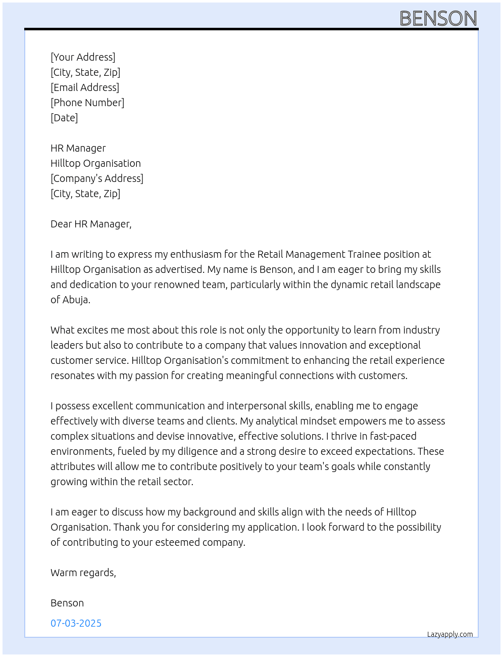 retail management trainee At Hilltop Organisation Cover Letter