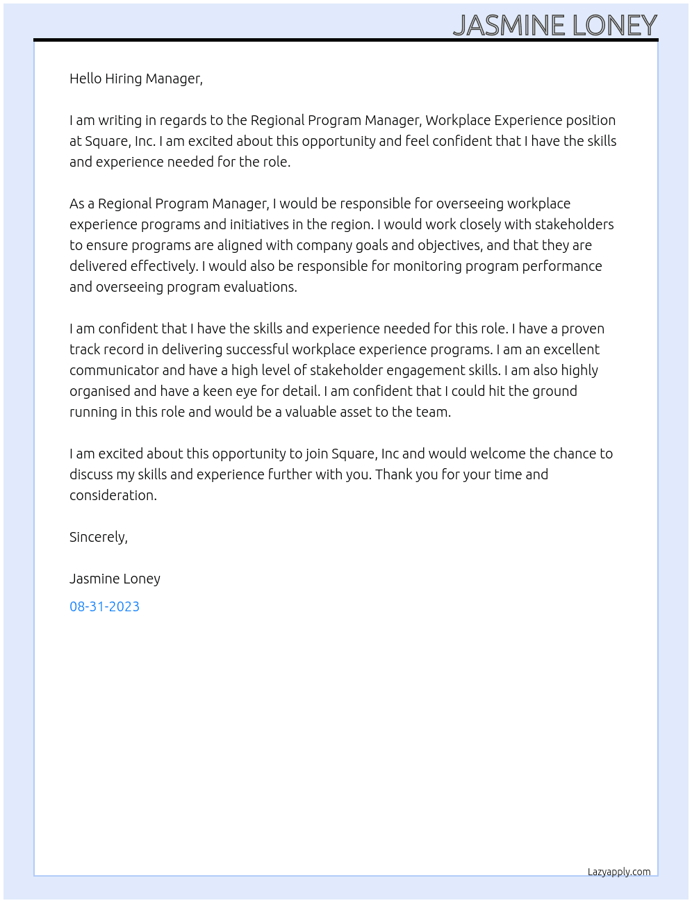 Regional Program Manager, Workplace Experience At Square, Inc Cover Letter